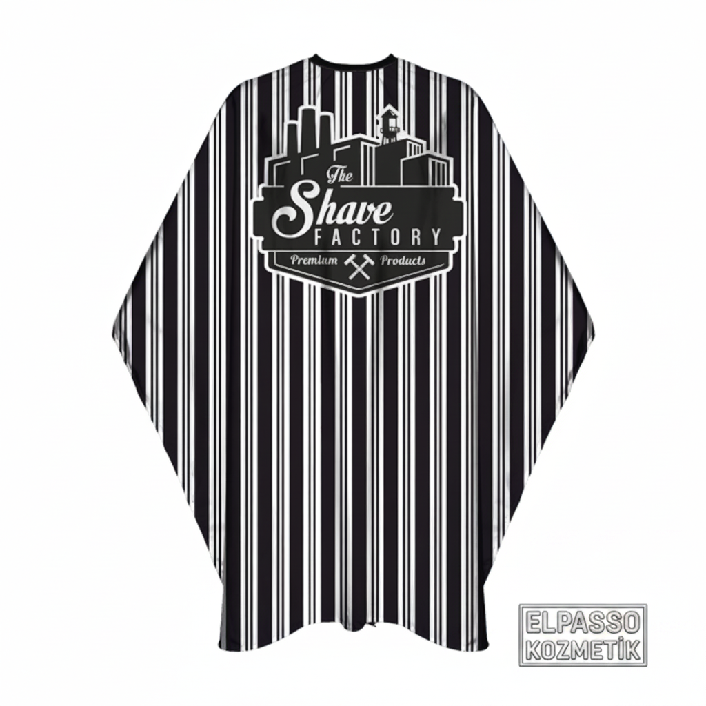 The Shave Factory Barber Cape siyah beyaz çizgili berber pelerini