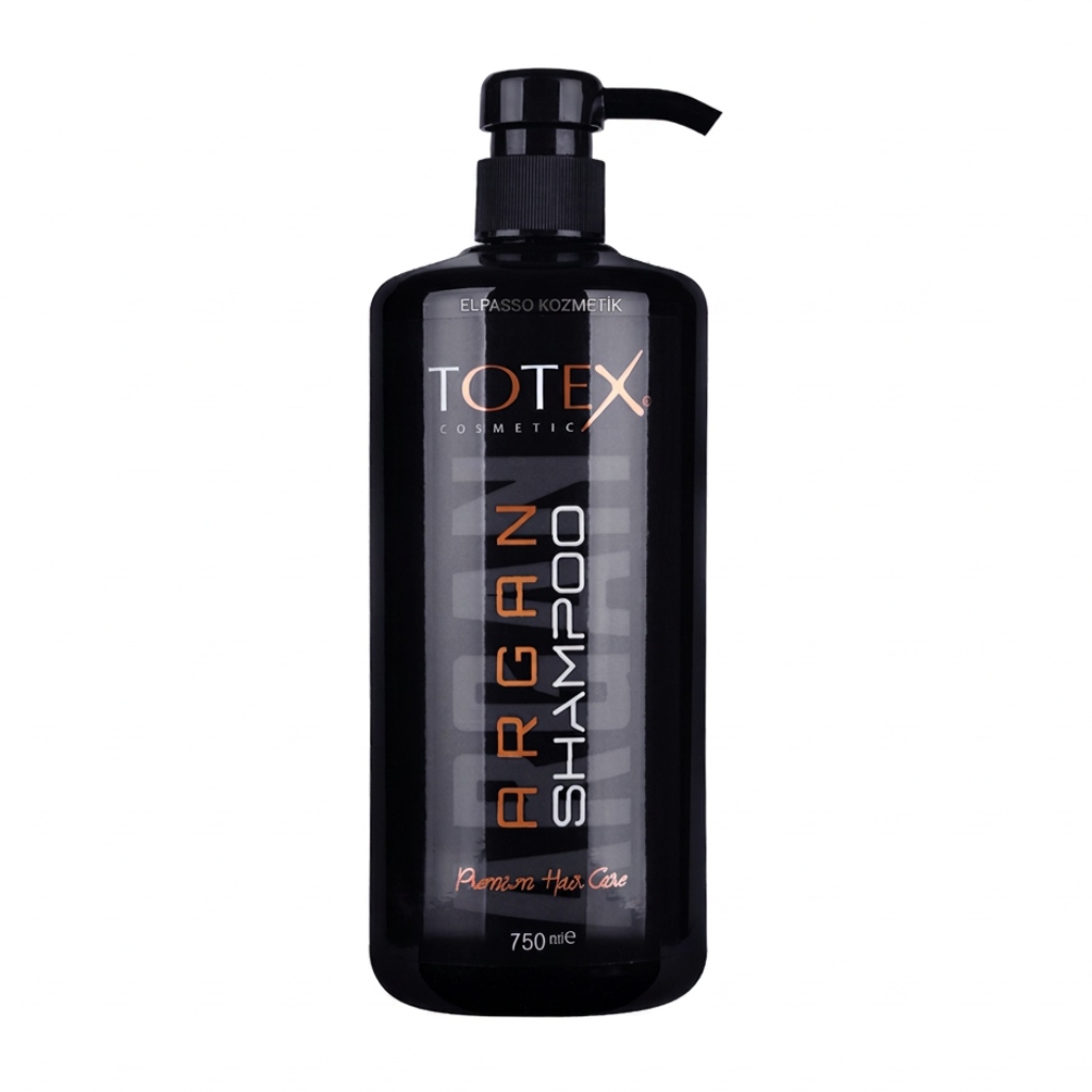 Totex Argan Shampoo 750 ml zwarte pompflacon op witte achtergrond