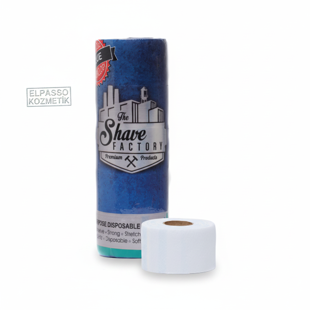 The Shave Factory wegwerpbare nekstrips in blauwe verpakking met witte rol